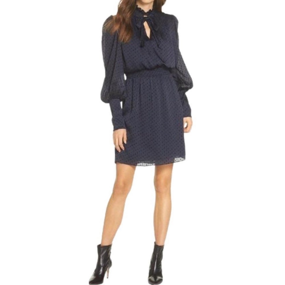 NWOT Julia Jordan Navy and Black Chiffon Spot Tie Neck Tiered Mini Smock Dress